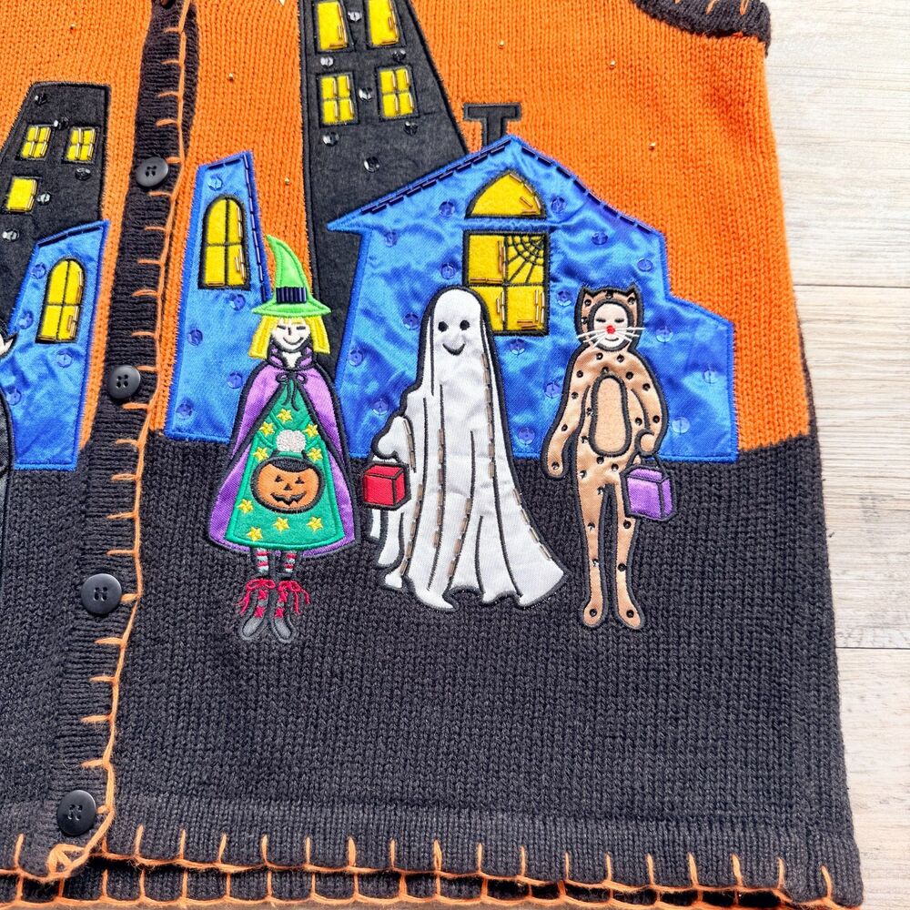 Vintage Halloween Sweater Vest Large Trick or Treat Haunted House 90s Kitschy - Picture 11 of 11